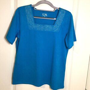 Carroll Reed Women's Blue T-Shirt Top Size S/P Square Shiny Neckline